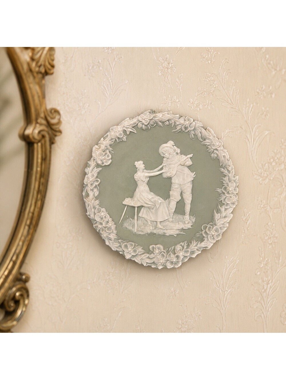 Schafer Vater Germany 1910s Jasperware Wall Plaque Courting Couple, 5.5”